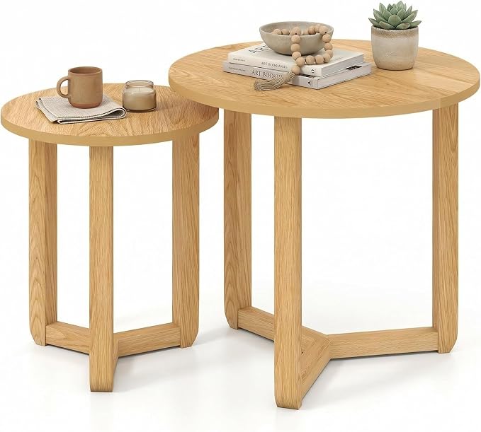 Tangkula Round Nesting Coffee Table Set of 2, Farmhouse End Tables - Image 9