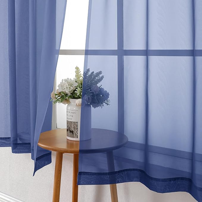 Royal Blue Sheer Curtains 36 Inch Length 2 Panels, Solid Voile Cafe Kitchen - Image 9