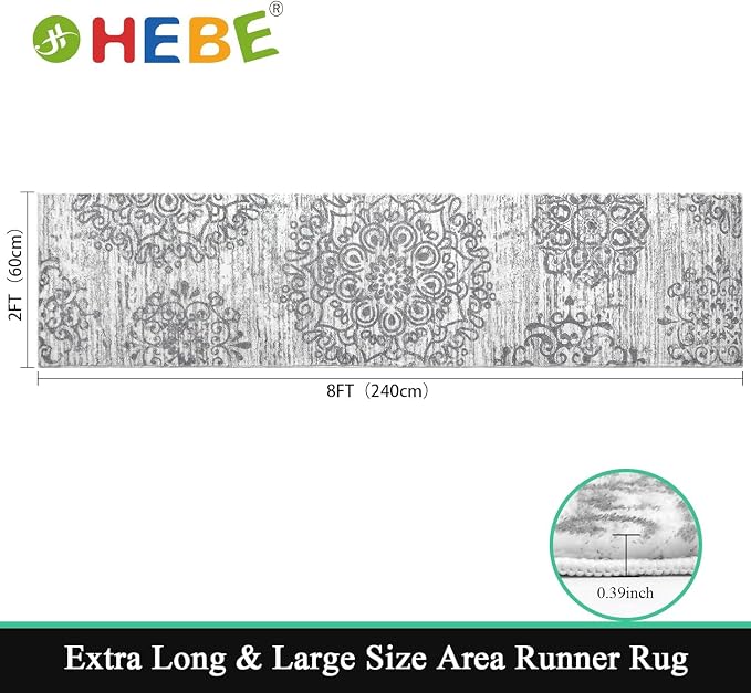 HEBE Hallway Runner Rug 2'x8', Washable Non Slip Kitchen Rug Runner | Soft Boho - Image 2