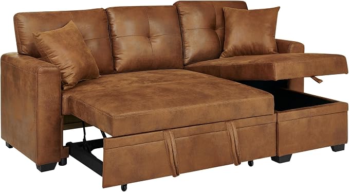 L Shaped Sectional Couch with Storage and Pull Out Bed, 3 Seater Sleeper Sofas by LITVZ