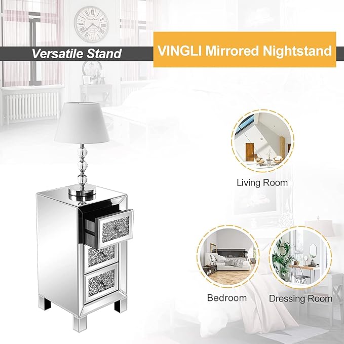 VINGLI 3-Drawer Mirrored Nightstand Bedside Table Modern Night Stands Set of 2 - Image 6