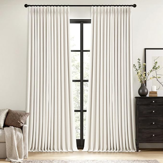 MIULEE Beige White Pinch Pleated 100% Blackout Linen Curtains 40x108 Inches | by MIULEE