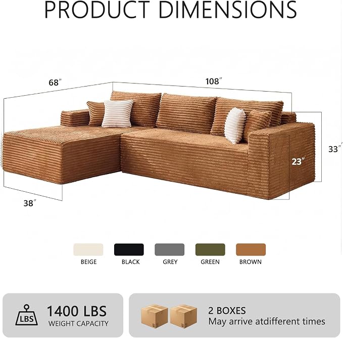 108" Boneless Couch Modular Sectional Sofa, L-Shaped Couch - Image 2