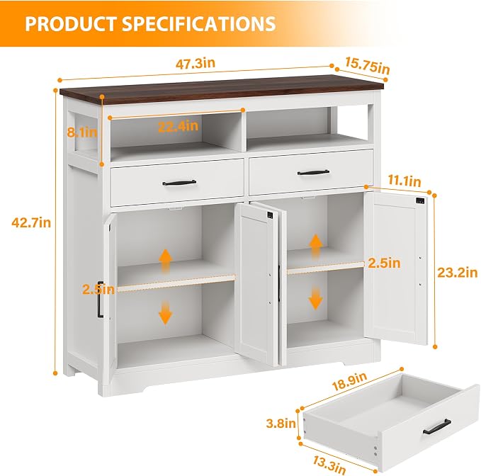 knoworld Buffet Sideboard with Storage Farmhouse with 4 Doors, Dining Room - Image 2