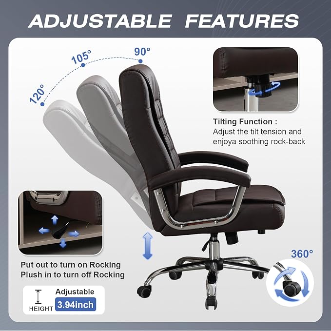 Executive Office Chair Adjustable Leather Chair High Back Swivel Office Desk - Image 4
