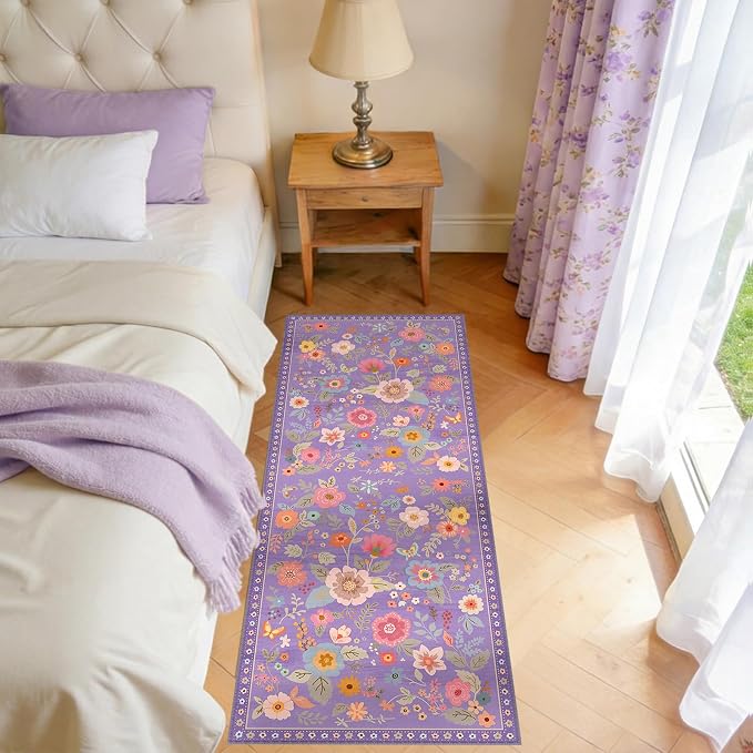 Floral Washable 2x5 Area Rugs Runner Entryway Hallway Purple/Pink | Flower - Image 8