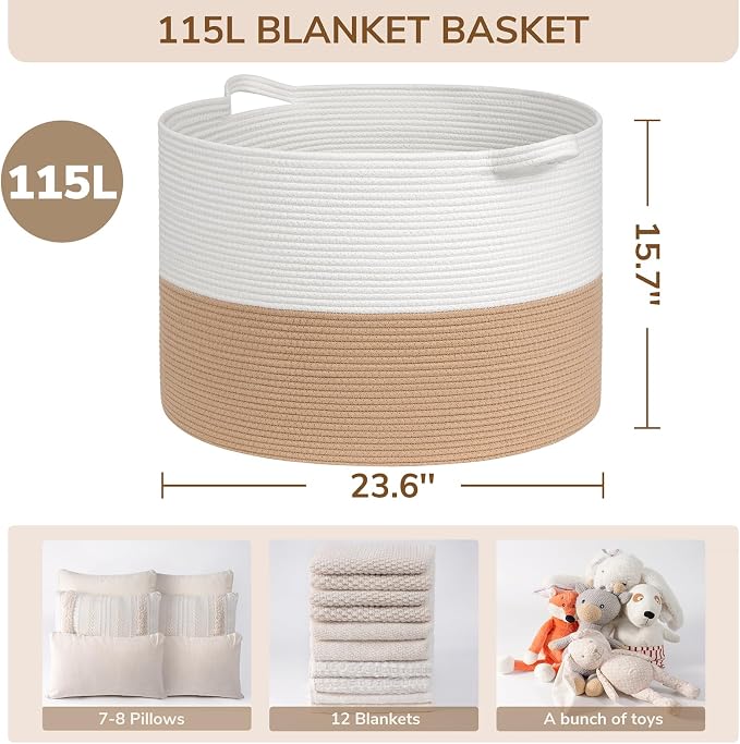 INDRESSME 115L Extra Large Jute Rope Basket, Blanket Basket Home Decor Baby - Image 2