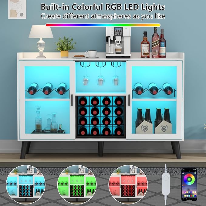 Loomie Wine Bar Cabinet with LED Light, Home Coffee Cabinet with Wine Rack and - Image 5