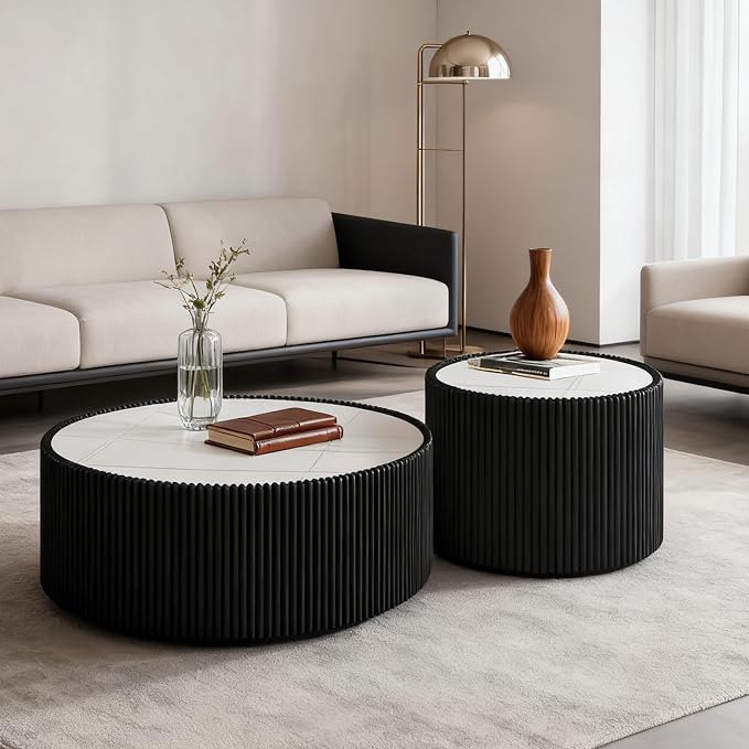 29.52" Round Marble Coffee Table, Modern Fluted Coffee Table w/White Sintered - Image 4