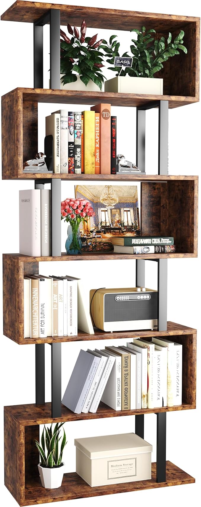 Yusong Geometric Bookcase, S Shaped Bookshelf 6-Tier Book Shelves by Yusong