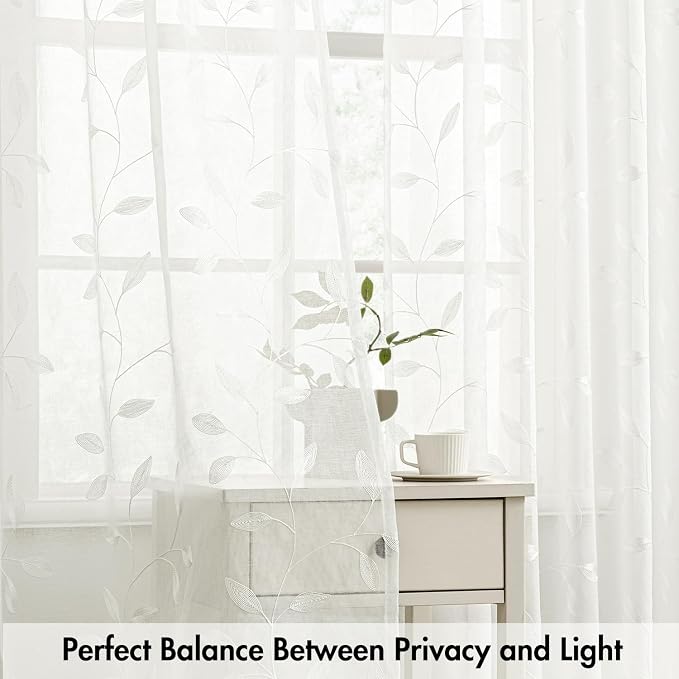 MIULEE Ivory Sheer Curtains 2 Panels Embroidered Leaf Patterned, W52 x L54 | - Image 5