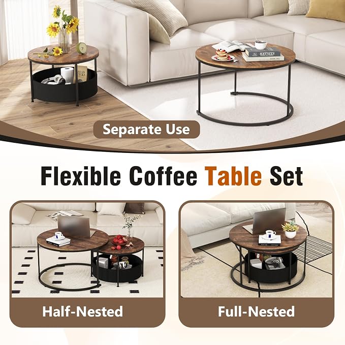 Tangkula Round Nesting Coffee Table Set of 2, Wooden Center End Table - Image 5