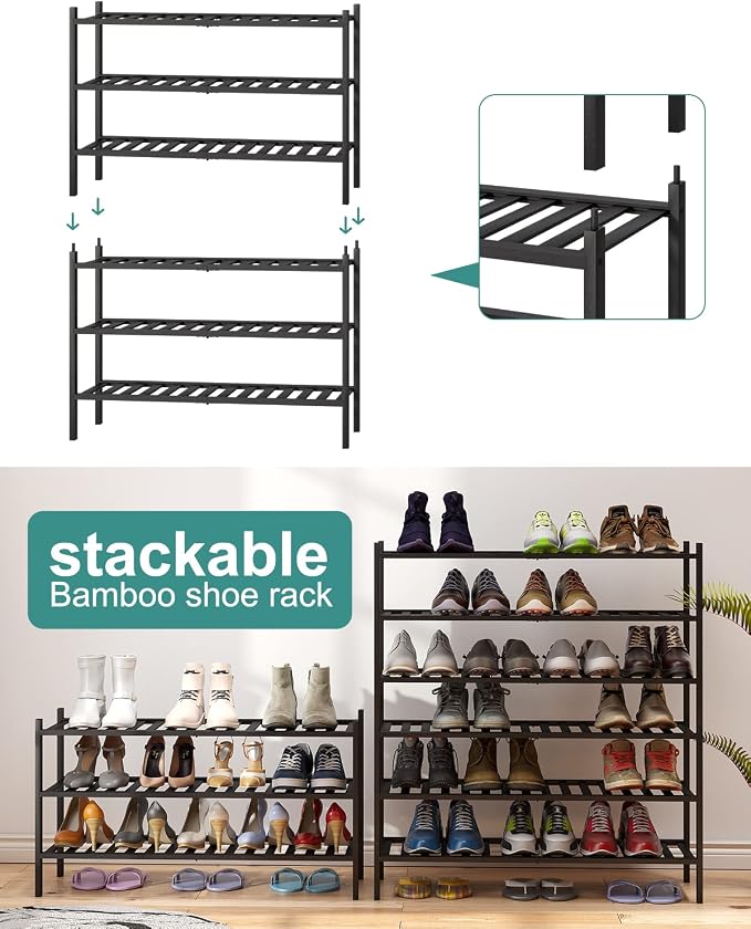 viewcare 3-Tier Long Black Shoe Rack, Bamboo Wood Shoe Rack - Image 6