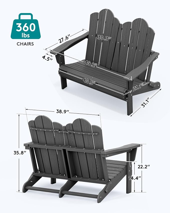 SERWALL Outdoor Patio Adirondack Set, 2 Folding Adirondack Bench & 1 Coffee - Image 3