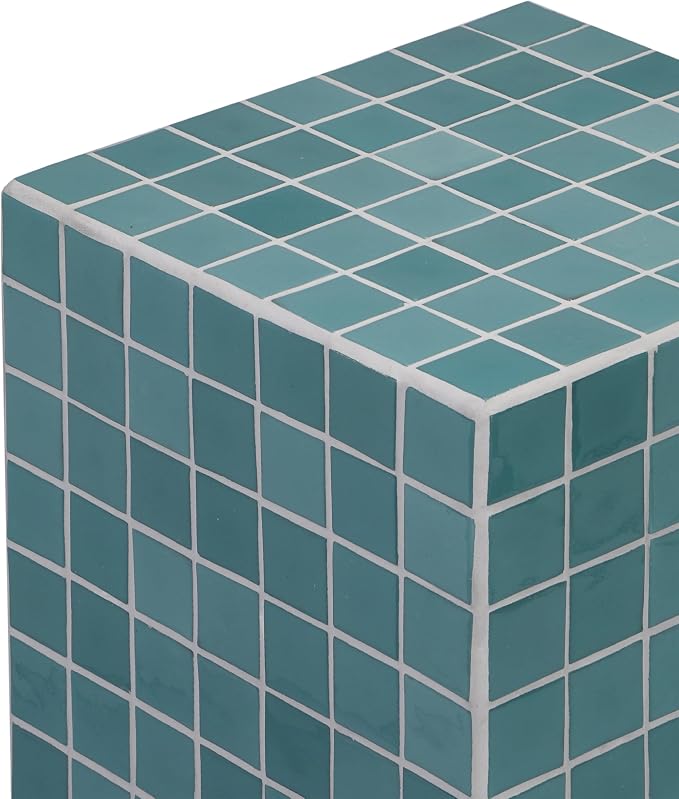JONATHAN Y Callista 18-Inch Teal Blue Modern Ceramic Tiled Cube Side Table - Image 4