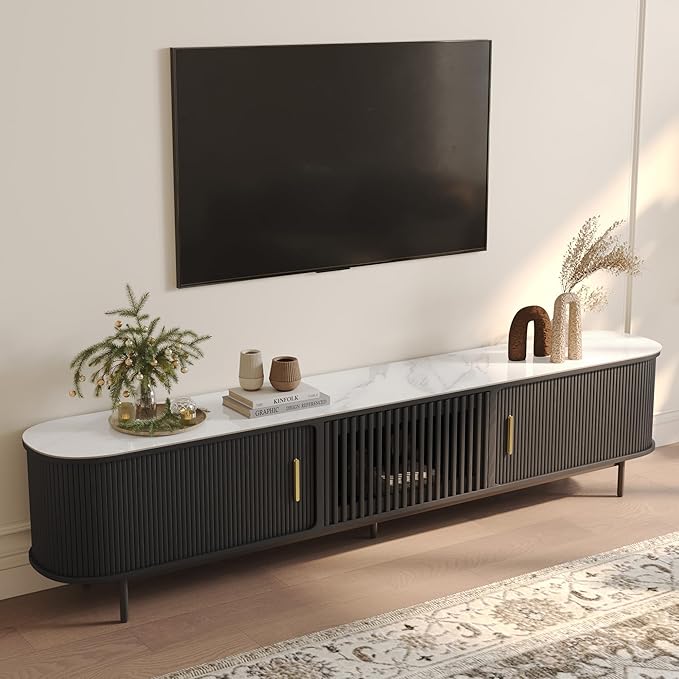 POVISON Fully-Assembled Sliding Tambour Door TV Stand, Mid Century Modern by POVISON