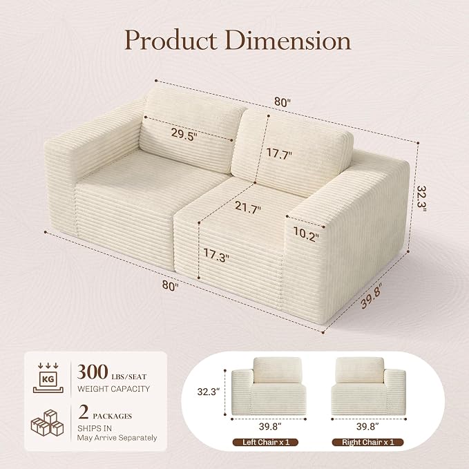 Vesgantti 80" Modular Sectional Sofa, Corduroy Cloud Couch - Image 2