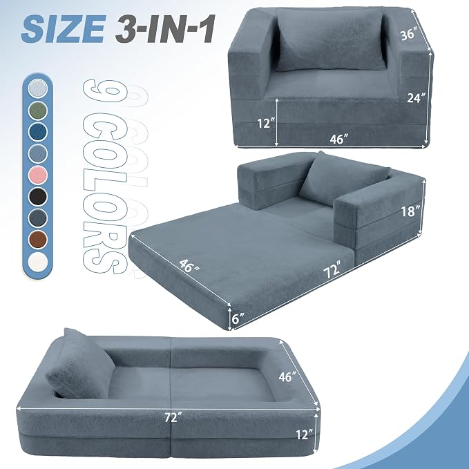 Futon Sofa Bed with Pillow, 3-in-1 Sleeper Sofa Bed with Removable Cover - Image 3