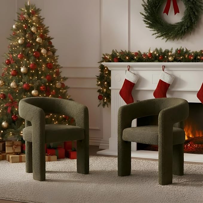 Modern Sherpa Dining Chairs Set of 2, Upholstered Barrel Chairs by QUINJAY