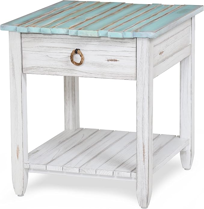 Sea Winds Trading Picket Fence End Table Distressed Bleu White Finish by LineageCollections