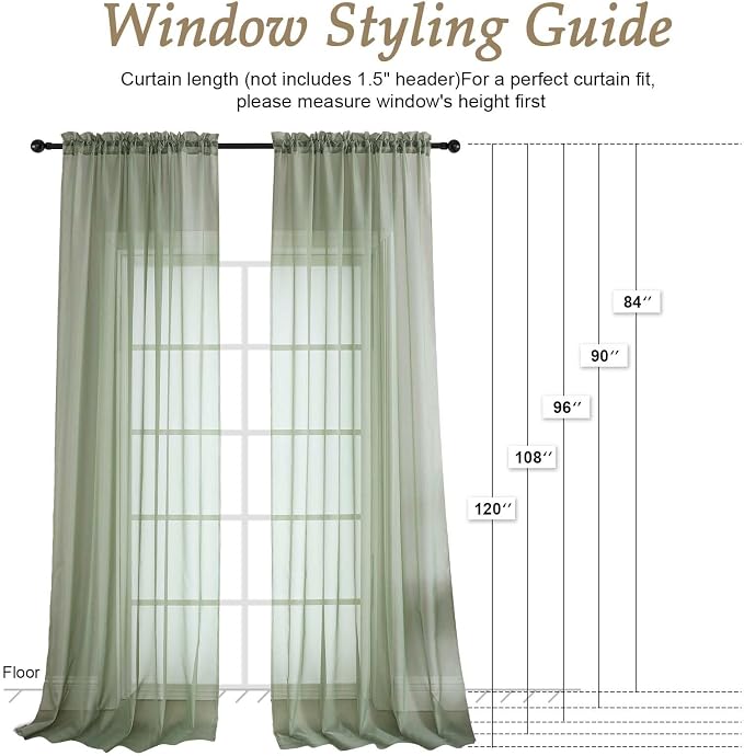 Sage Green Sheer Curtains 120 Inches Long 2 Panels Set, 59 Inch Extra Wide Soft - Image 2