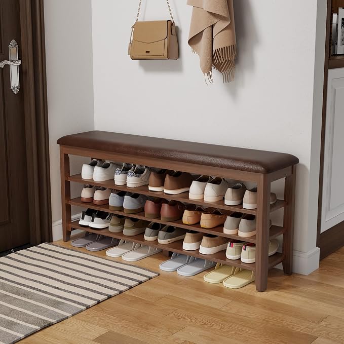 AQIMUELE Shoe Bench with Leather Cushion, 3 Tiers Shoe Storage Bench Height by AQIMUELE