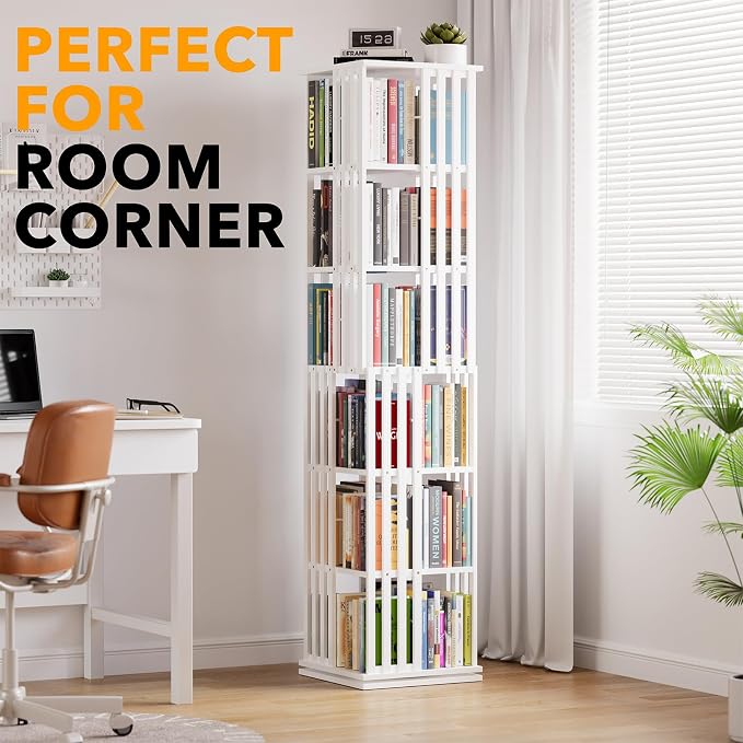 SpaceAid 6 Tier Rotating Bookshelf Tower, Bamboo Spinning Book Shelf, Revolving - Image 5