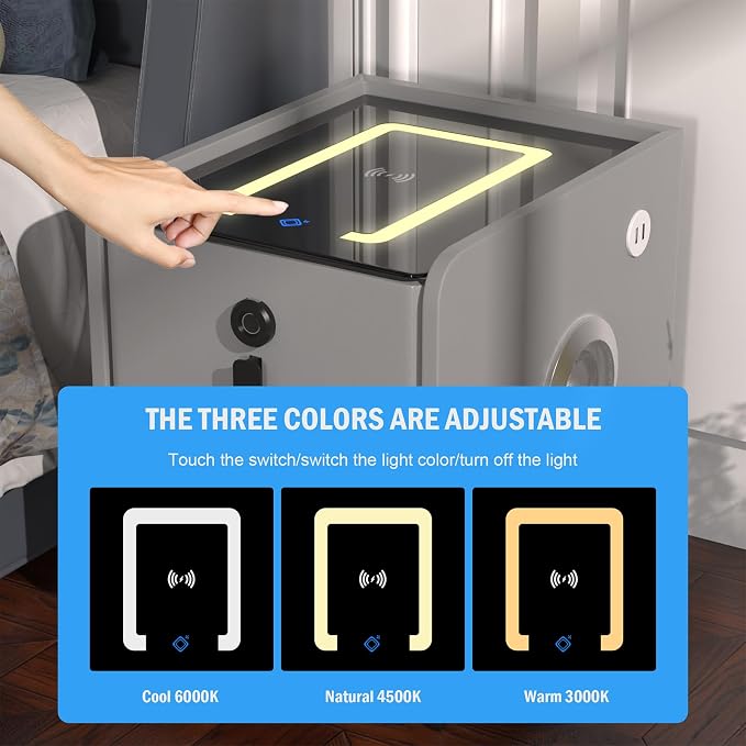 Smart Nightstand with Fingerprint Lock Drawer, Nightstand with Wireless Charging - Image 7