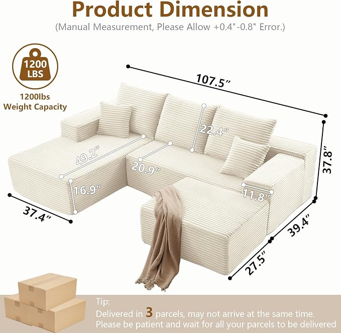 107" Comfy U-Shaped Sectional Modern Boneless Corduroy Couch - Image 2