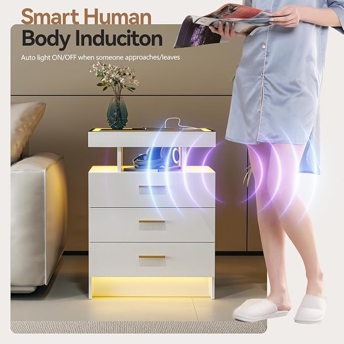 White Night Stand Set 2 with Wireless Charging Station, Smart Bedside Table - Image 6