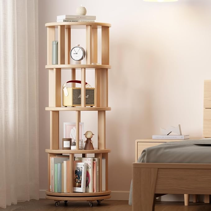 Muwuele Solid Wood Rotating Bookshelf on Wheels, 4 Tier, Round Revolving - Image 8