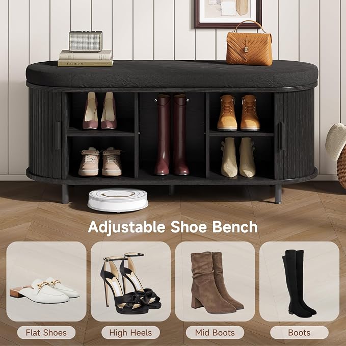Oval Shoe Storage Bench with Padded Seat Cushion, 2-Tier Fluted Shoe Cabinet - Image 4