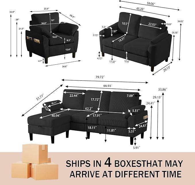4 Piece Modern Corduroy Sofa Set, L-Shaped Sectional Couch - Image 2