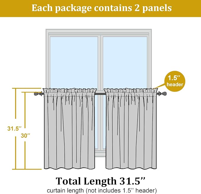 Short Sheer Curtains 30 Inches 2 Panels Set, Kitchen Tiers Light Filtering Rod - Image 2