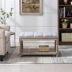 Farmhouse Storage Bench Wooden Entryway Linen Upholstered Ottoman Button Tufted - Image 4