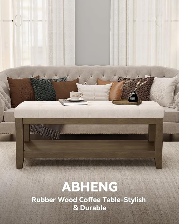 ABHENG Solid Rubber Wood Shoe Bench, Soft Chenille Material Upholstered Seat - Image 4