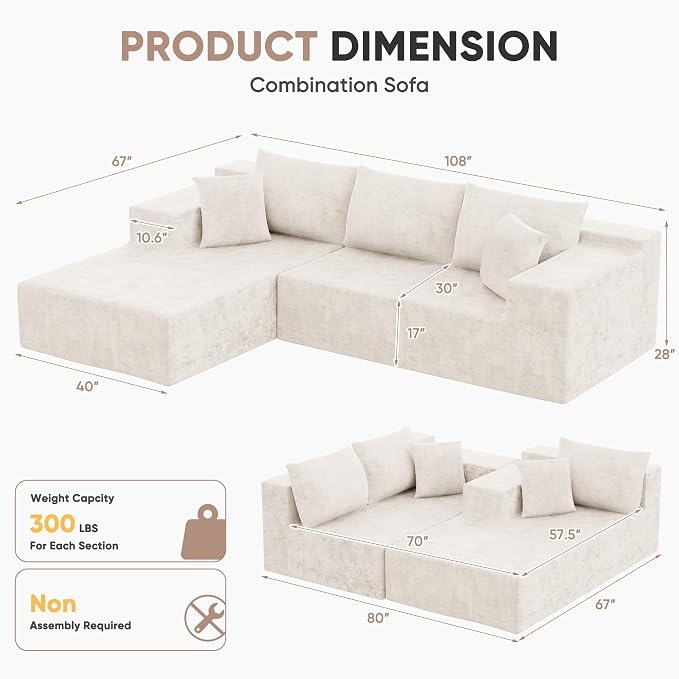 Homall 108" Modular Sectional Sofa, Boneless Couch - Image 2