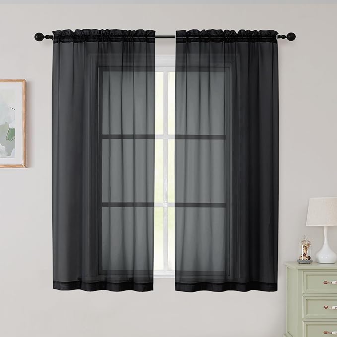 Sheer Black Curtains for Bedroom Living Room 54 Inch Length 2 Panels Set by WelvetBLK