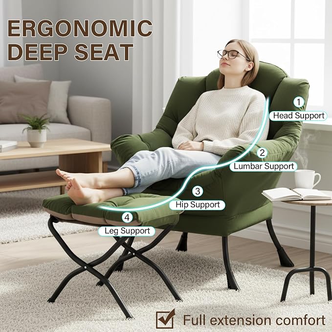Welnow Lazy Chair with Ottoman, Modern Reading Accent Chair with Armrests and a - Image 8