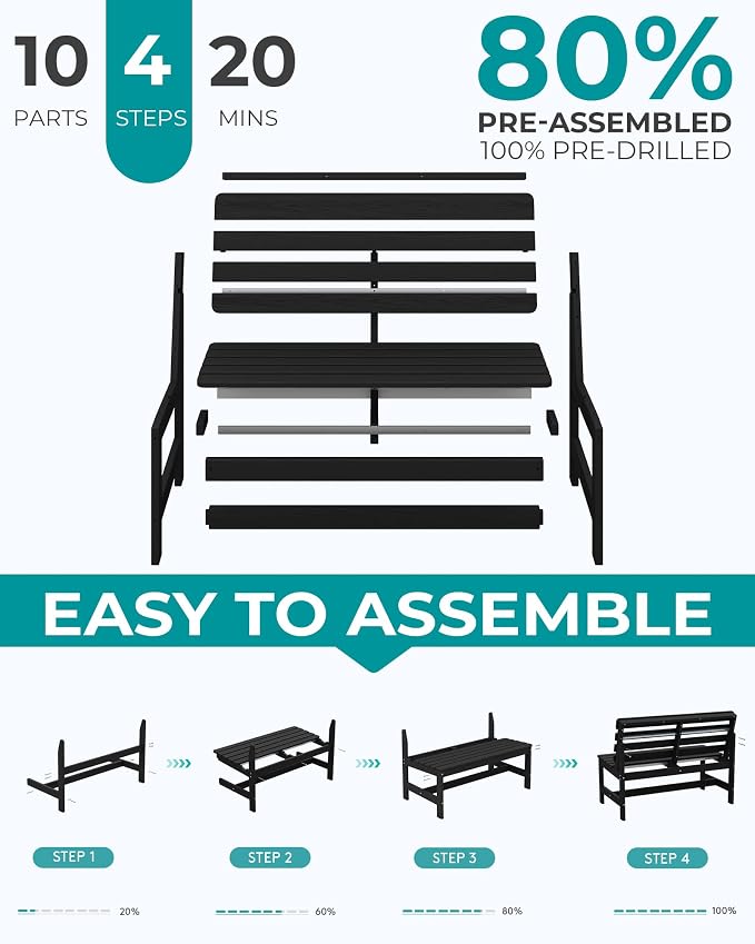 SERWALL Outdoor Bench, All Weather HDPE Outdoor Benches, 2-Person Armless Porch - Image 9