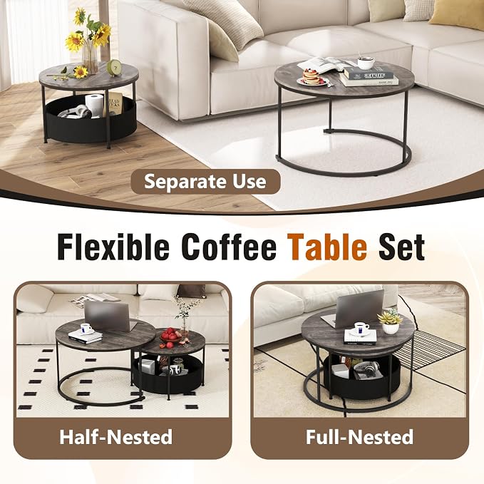 Tangkula Round Nesting Coffee Table Set of 2, Wooden Center End Table - Image 4