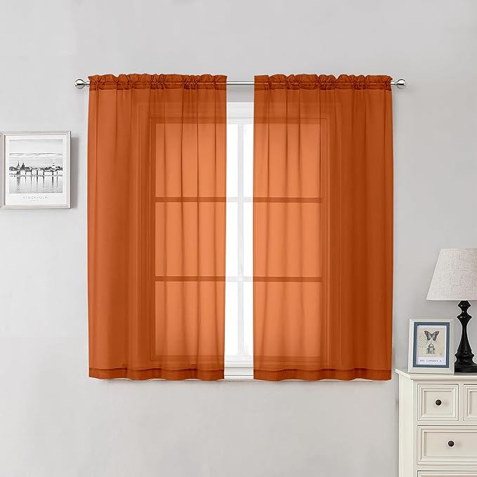 Orange Sheer Curtains 54 Inch Length 2 Panels, Voile Light Filtering Curtains by Lecloud