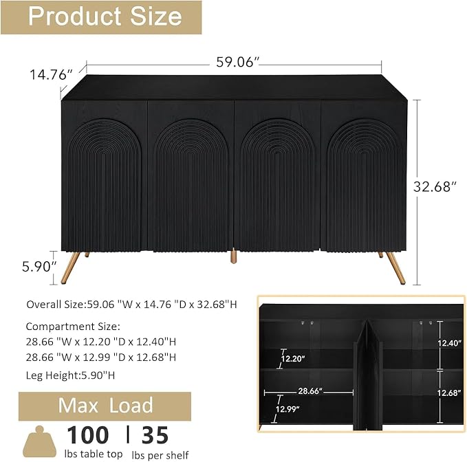 59" Black Arched Sideboard Buffet Cabinet - Image 2