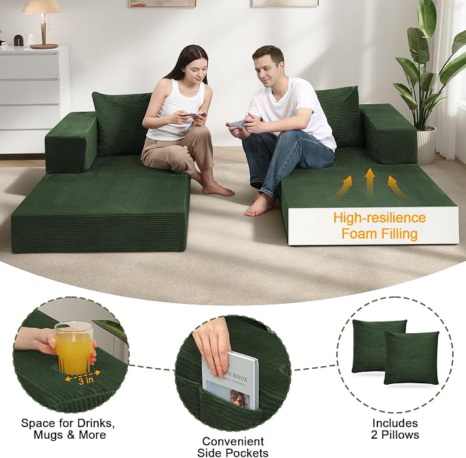COMAX Queen Size Boneless Couch, 4 in 1 Convertible Sleeper Sofa Corduroy Couch - Image 5