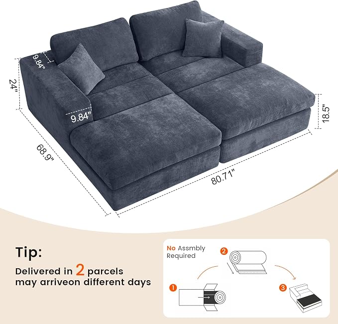80.7" Oversized Double Chaise Lounge Chair Indoor, Cloud Boneless Sleeper Sofa - Image 3