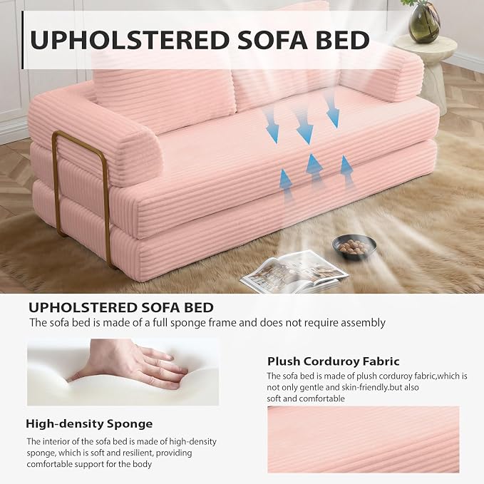 HANXIN 80 Inch Convertible Sleeper Sofa Bed, High Back Plush Corduroy Folding - Image 5