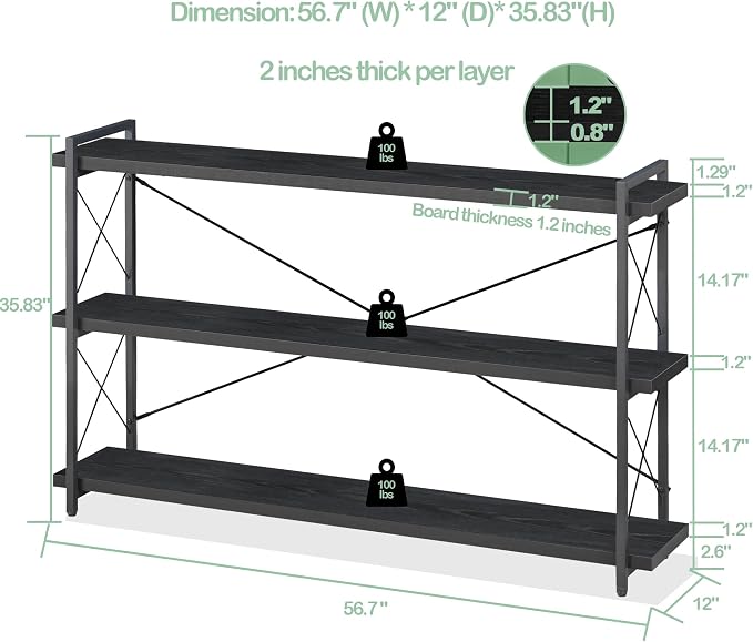 HCHQHS Bookshelf, 3-Tier Long Industrial Bookcase, Freestanding Horizontal - Image 3