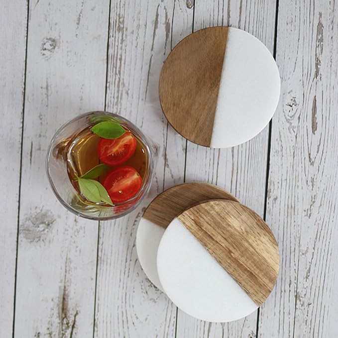 I-LAN 4-Pack Marble and Acacia Wood Coasters, 4-Inch Round Natural Wood Drink - Image 5