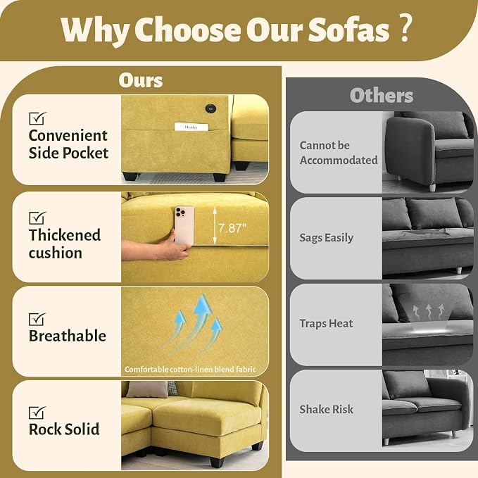 124" Modular Sectional Sofa, Modern Linen U-Shaped 6 Seater Sectional Sofa - Image 4