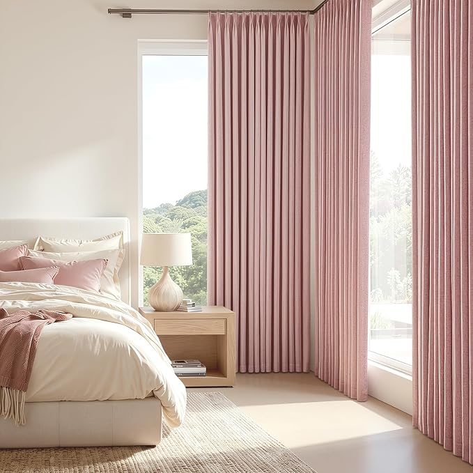 MIULEE Pink Pinch Pleated 100% Blackout Linen Curtains 40x84 Inches | Room - Image 2